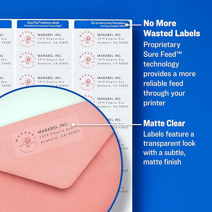 Avery Printable Address Labels with Sure Feed, 1" x 2-5/8", Matte Clear, 300 Blank Mailing Labels (18660)