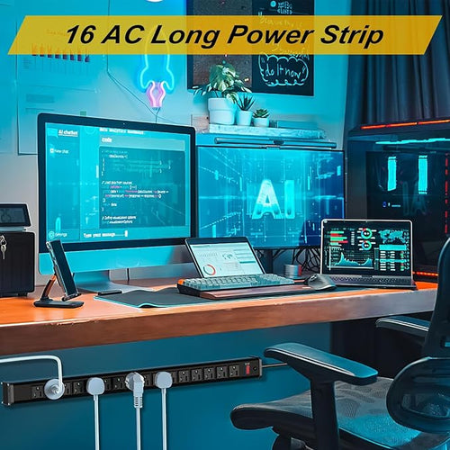 10-Pack Long Surge Protector Power Strip,16 Outlet Heavy Duty Power Strip Metal Power Bar,10 FT Long Extension Cord with Circuit Breaker for Garage,Workshop, 125V/1875W, ETL Listed, Black