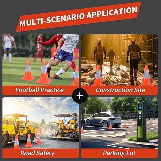 8 Pack Traffic Safety Cones 18 Inches with Reflective Collars, Orange Construction Cone, Restorable Parking Cones, Heavy Duty Road Cones for Parking Lot, Traffic Control, Driveway Road Parking