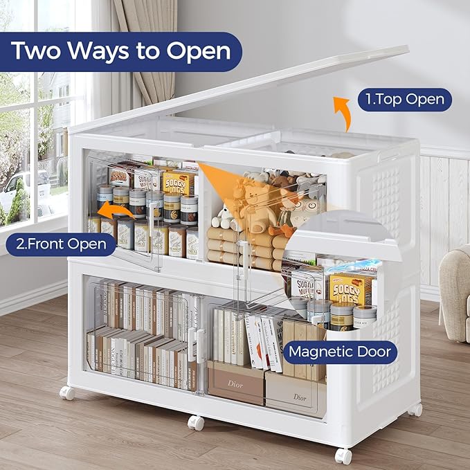 200GAL Storage Bins with Lid and Wheels, Stackable Closet Organizers and Storage Drawer, Collapsible Storages Box with Dividers, Foldable Plastic Cabinets for Room, Kitchen, 4 Pack White
