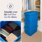 HOMZ 4-Pack Durable Molded Bin, Plastic Storage Containers w/Lids, 18 Gallon, Blue - Stackable Organizer Totes and Boxes for Bedroom, Kitchen, and Garage Organization