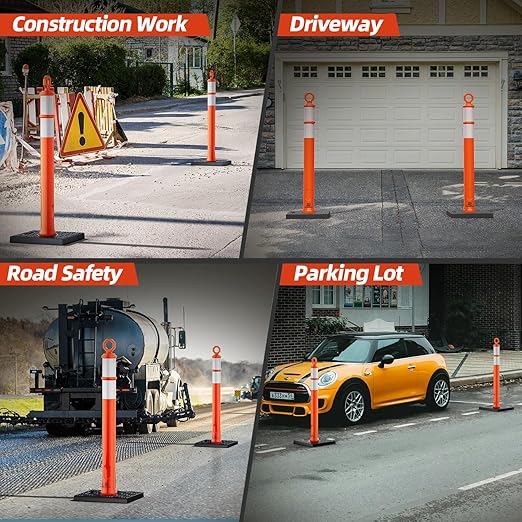 RoadHero 42 Inch Delineator Post with Base, Portable Orange Traffic Delineator Posts Cones with Reflective Collars for Parking Lots, Road Safety, Construction Events (12 Pack)