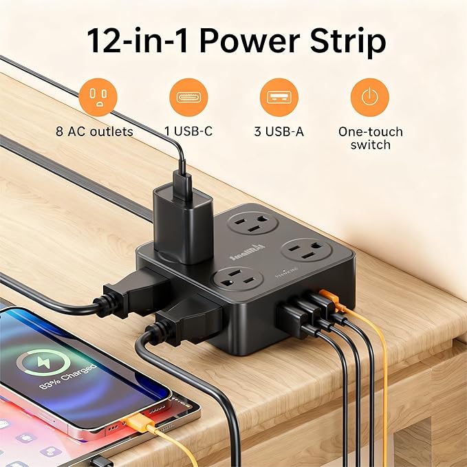 6.5Ft Power Strip with Surge Protector, 8 Outlets 4 USB Ports Extension Cord, Flat Plug Charging Station for Home Office Desk & College Dorm Essentials, Black