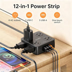 6.5Ft Power Strip with Surge Protector, 8 Outlets 4 USB Ports Extension Cord, Flat Plug Charging Station for Home Office Desk & College Dorm Essentials, Black