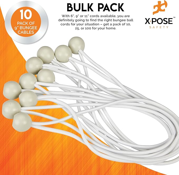 Xpose Safety Bungee Ball Cords 9" 10 Pack Heavy Duty White Stretch Rope with Ball Ties for Canopies, Tarps, Walls, Cable Organization