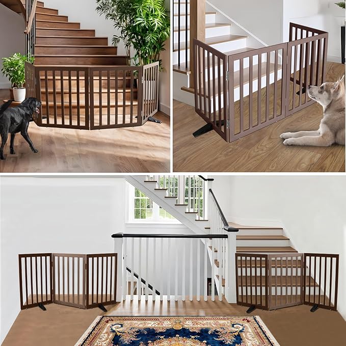 ZJSF Freestanding Indoor Dog Gate for House Foldable Wood Puppy Gate for Doorways Pet Gate for Stairs Extra Wide Pet Fence, Brown, 32" Height 2 Panels