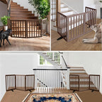 ZJSF Freestanding Indoor Dog Gate for House Foldable Wood Puppy Gate for Doorways Pet Gate for Stairs Extra Wide Pet Fence, Brown, 32" Height 4 Panels