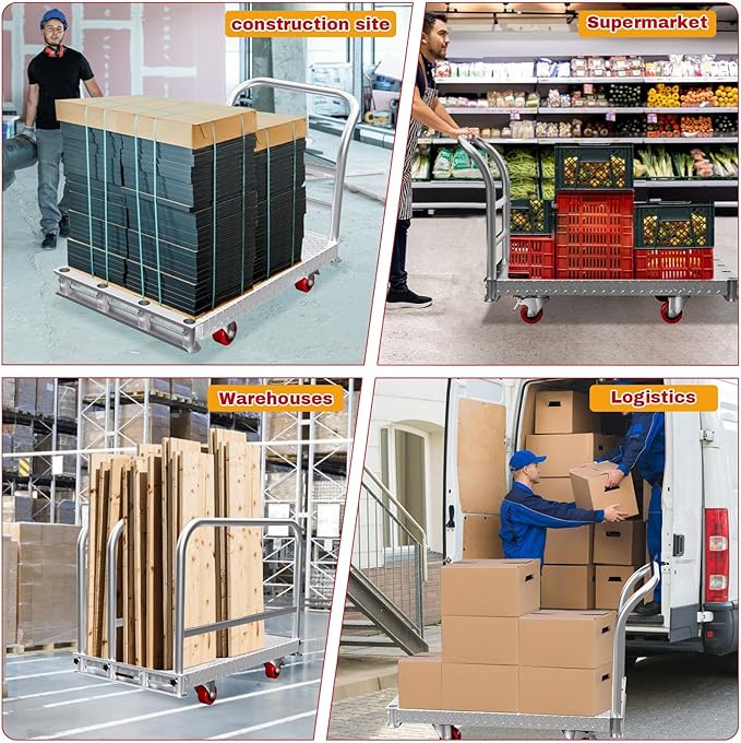 2IN1 Steel Panel Cart Dolly – Heavy Duty Drywall Lumber Truck Cart with 3000 LBS Capacity, 44 x 28 Inch 2.2MM Steel Plate, 6" Swivel Brake Wheels, 1 Front & 3 Side Handrails (XL)