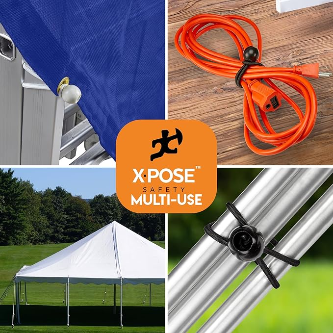 Xpose Safety Bungee Ball Cords 9" 100 Pack Heavy Duty Assorted Colors Black and White Stretch Rope with Ball Ties for Canopies, Tarps, Walls, Cable Organization