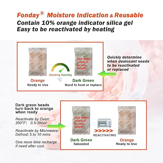 20g x 50 packs Fonday Rechargeable Silica Gel Desiccant Packets Food Grade Fast Reactivate Desiccant Bags Moisture Indicating Orange to Green