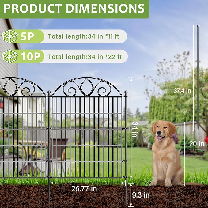 5 Panels No Dig Tall Garden Fence Panel – 34" H X 11' L Rustproof Metal Dog Fence Outdoor for Yard, Decorative Animal Barrier Fence for Pet, Garden Border, Patio, Flower Beds| Temporary Fencing