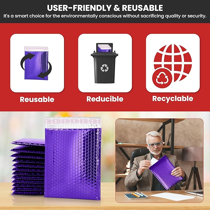 GGR Supplies Metallic Bubble Padded Envelope Mailers, 7.5 X 11 Inches, Waterproof Ultra Resistant Ideal For Packing, Shipping, and Storing. Pack of 25 (Purple)