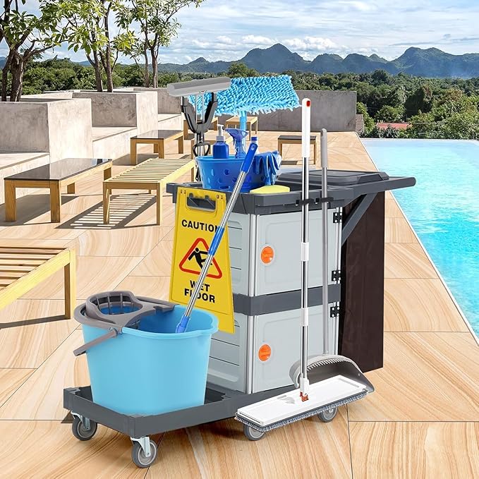 Commercial Janitorial Cart with 2 Cabinet, Housekeeping Caddy with Cover, Shelves, and Vinyl Bag, Cleaning Cart On Wheels