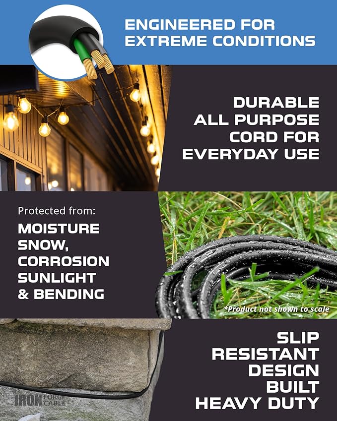 Iron Forge Cable 2 Pack 15 Ft Black Extension Cord with 3 Outlets - 16/3 SJTW 15 Foot Extension Cord 3 Prong, Weatherproof Power Cable for Outdoor