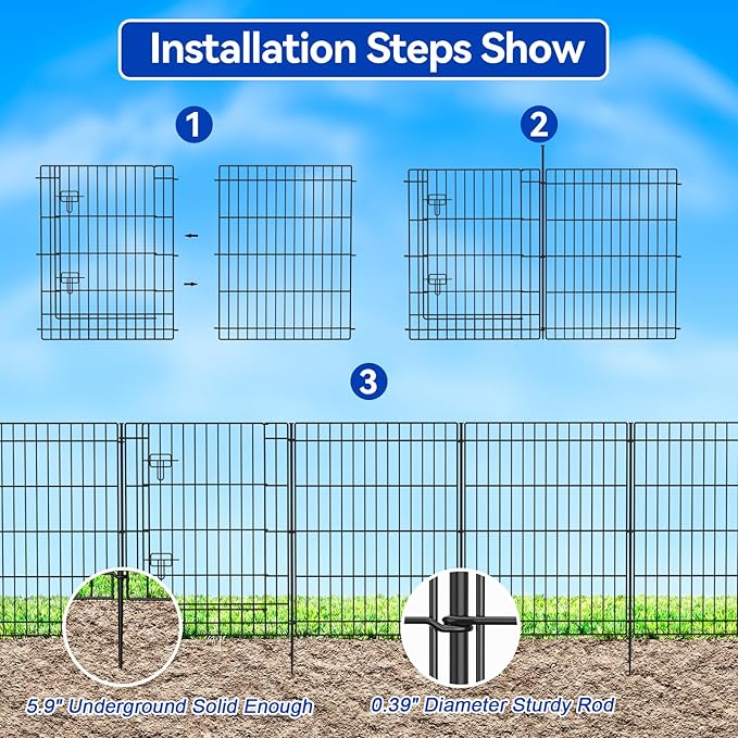 INJOPEXI Decorative Metal Garden Fence 6 Panels 11.8ft (L)×30in (H) Garden Fence Outdoor 5 Fence Panels + 1 Gate Rustproof Wire No Dig Temporary Garden Fencing Animal Barrier Fencing for Yard Patio