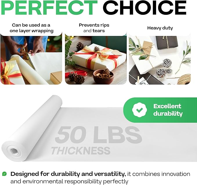 IDL Packaging White Paper Roll 36" x 1200" (100 feet) - USA-Made Quality White Kraft Paper 50lb Thickness for Packing, Moving, Shipping & Crafts/Arts - 100% Recyclable Natural Wrap Material