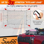 Heavy Duty Cargo Net for Pickup Truck Bed - 5' x 7' Stretches to 15' x 21' - Sturdy Latex Bungee Net Mesh - with 12 Metal Carabiners - Truck Bed Accessories for Dodge RAM, Ford, Chevy, Toyota
