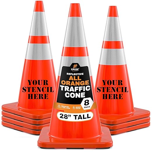 Xpose Safety 28 Inch Orange Traffic Cones with 6" & 4" Collars, 8-Pack - Multipurpose PVC Plastic Safety Cone for Parking, Soccer, Caution, Kids and Construction - DOT Approved
