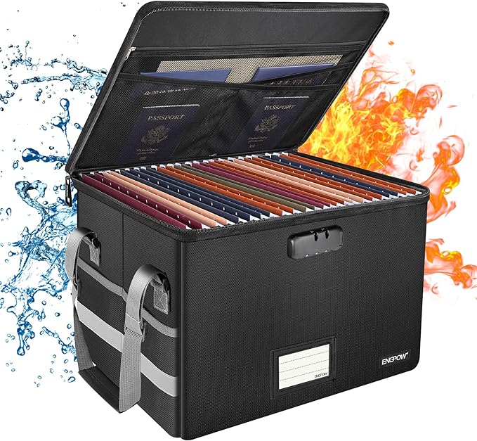 ENGPOW File Box with Lock, Fireproof Document Box with Pockets, Collapsible File Organizer Filing Storage Cabinet with Handle, Portable Home Office Safe for Hanging Letter/Legal Folders,Black,2 Pack