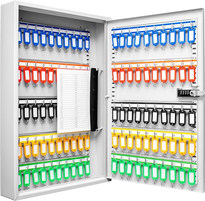 Barska 100 Position Combination Key Lock Box – Wall Mount Steel Key Cabinet with Adjustable Numbered Hooks, Index Log, Colored Tags for Office or Business