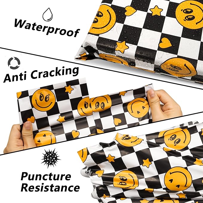 Poly Mailers 12x15.5 Inch 50 Pcs - Smiles Checkerboard Printed Shipping Bags,Waterproof and Tear Resistant Mailing Envelopes, Self-Sealing Packaging Bags for Small Business