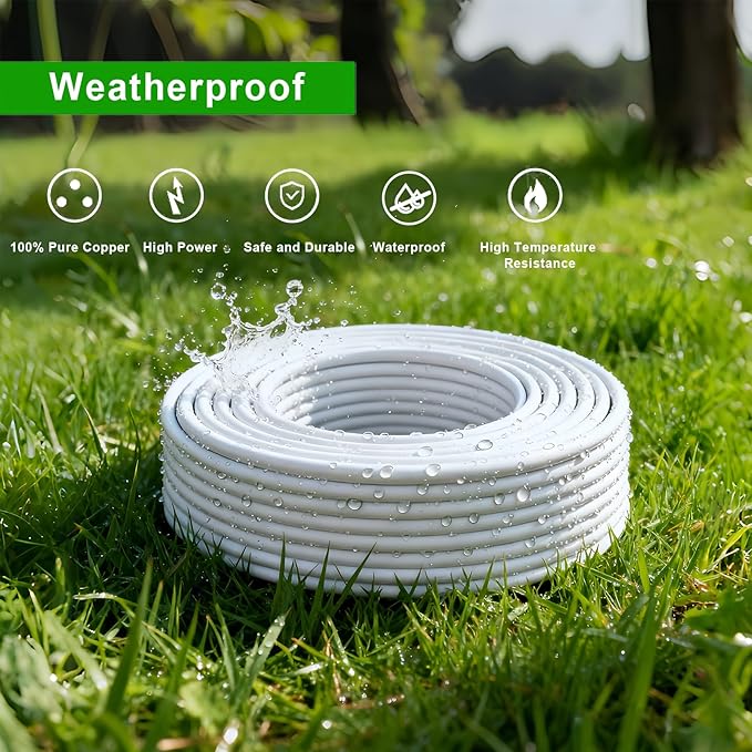 White Waterproof Extension Cord 100ft, 13A 1625W 16AWG ETL-Certified for Outdoor Use, Garden/Heavy Duty Tool Power