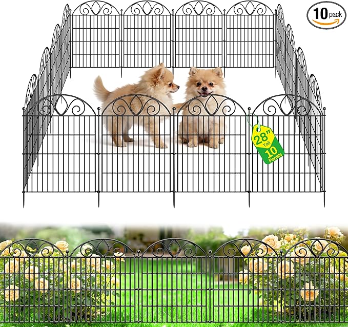 10 Panels No Dig Decorative Garden Fence Panel – 28" H X 19.6' L Rustproof Metal Dog Fence Outdoor for Yard, Animal Barrier Fence for Pet, Garden Border, Patio, Flower Beds| Temporary Fencing