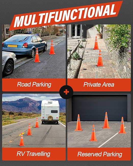 RoadHero 28 Inch 4 Pack Collapsible Traffic Safety Cones, Multi Purpose Pop-up Cones with Reflective Collar for Road Safety, Orange Cones for Driving Training, Parking Lots