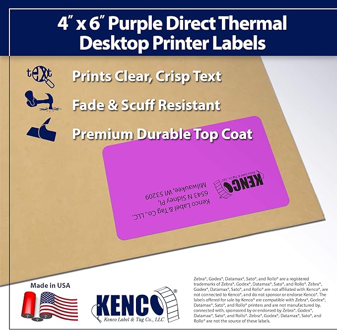 4" X 6" Direct Thermal Perforated Stickers Labels for Shipping Labels, Inventory, and Color Coding - Compatible with Zebra, Rollo, Godex and More (Purple, Pallet)