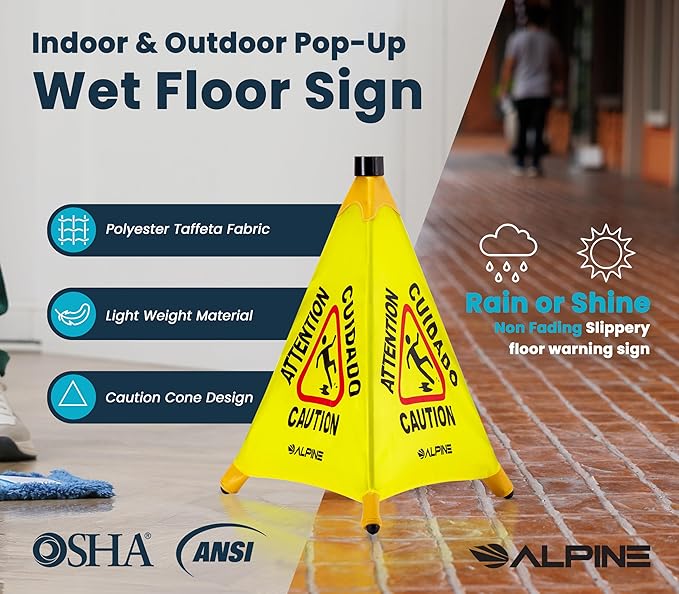 Alpine Caution Wet Floor Sign 6 Pack - Pop Up Slippery When Wet Sign, Wall Mounted Foldable Bilingual Yellow Safety Warning Caution Cone for Commercial & Office Use (20 Inches)