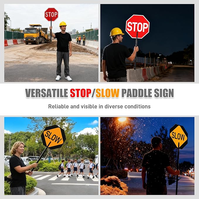 2 Pack Stop Slow Sign 18 x 18 Inches with 66" Telescopic Handle, Double Sided Handheld Stop/Slow Paddle Sign, Adjustable Reflective Aluminum Traffic Signs with Engineer Grade Film for Road Street