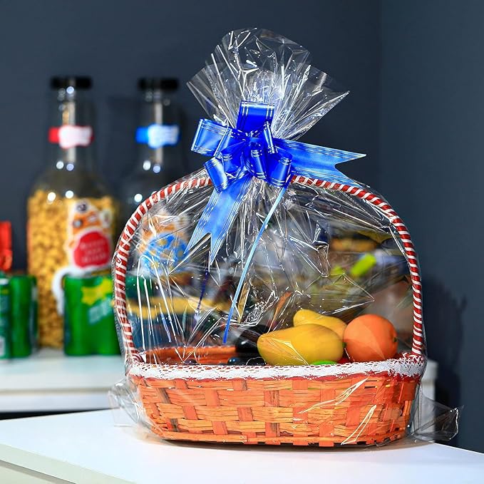 30 Packs Large Clear Cellophane Bags 14x20 18x24 24x30 Inches Jumbo Gift Basket Wraps Extra-large Transparent Plastic Bags for Fruit Basket, Gift Wrap, Treats, Arts and Crafts, 30 pcs Pull Ribbon Bow Ties