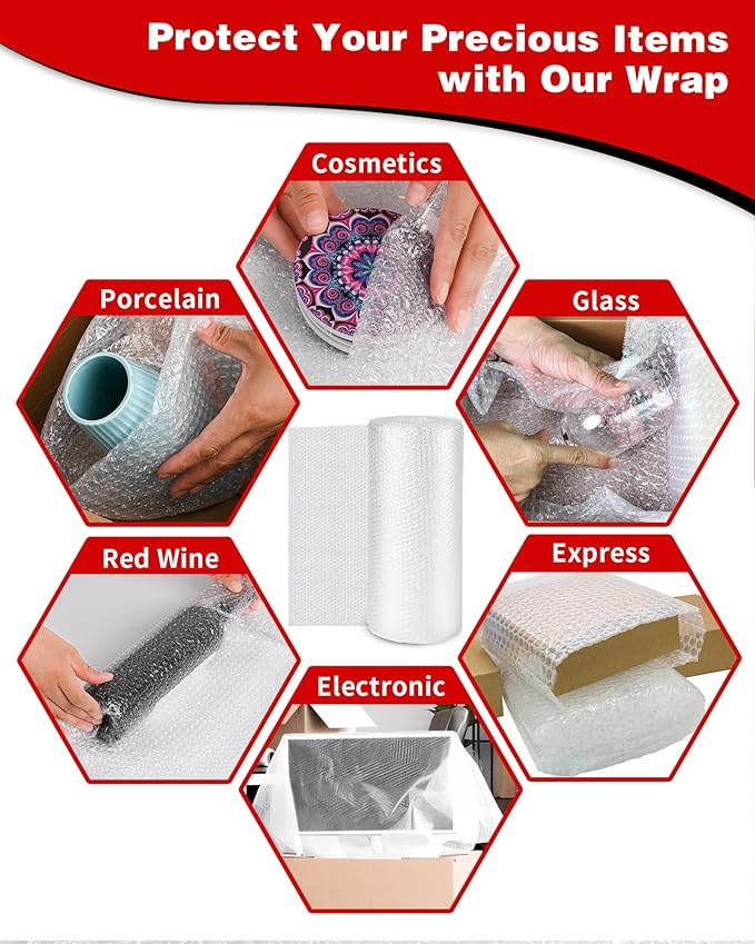 2-Pack Bubble Cushioning Wrap Rolls, 3/16" x 8" x 72' ft Total [2 Rolls of 36 Feet], Perforated 12" 20 Fragile Stickers for Shipping, Packaging, Mailing