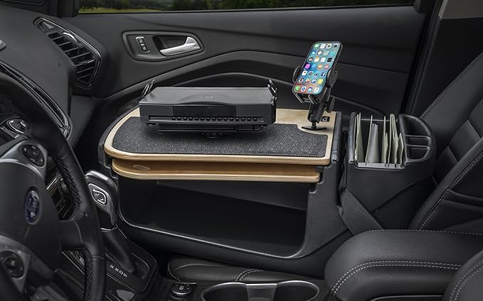 AutoExec AE-GMCD-PM-PS-11M GripMaster Car Desk for Your Vehicle Workstation and Mobile Office, Natural with Phone Mount and Printer Stand