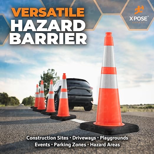 Xpose Safety 36 Inch Orange Slim Line Traffic Cones Heavy Duty 12lb with 6" & 4" Collars, 4 Pack Multipurpose PVC Plastic Safety Cone for Parking, Soccer, Caution, Kids & Construction - DOT Approved