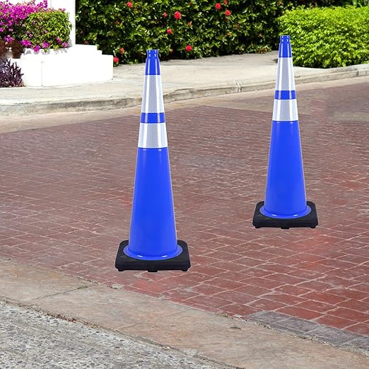 8 Pack 36 Inch Blue Traffic Cones with Reflective Tape, Heavy Duty Black Base Safety Cones for Airports, Warehouses and Large Event Spaces (8, Blue, 36 Inch)
