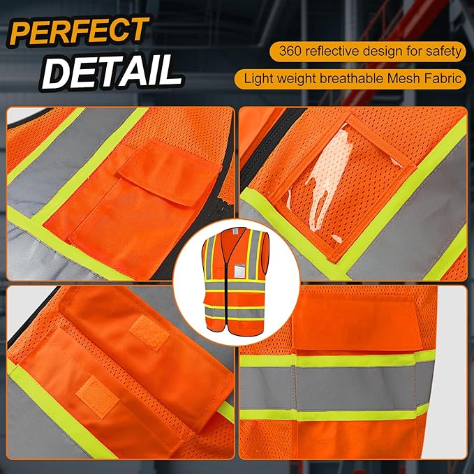 Safety Vest for Men Women 5 Pockets High Visibility Vest with Reflective Strips, Hi Vis Vest with Mesh Fabric, Breathable, (GR720-Orange,XL).