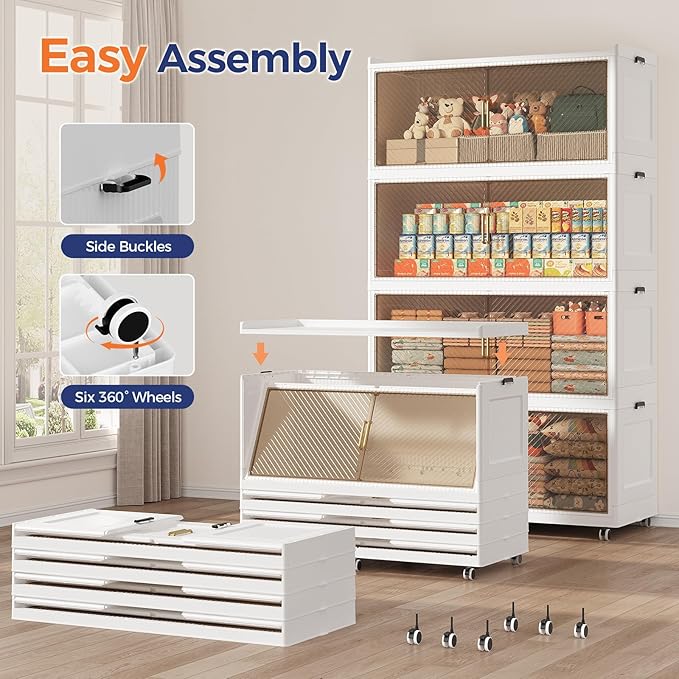 240Gal Extra Large Stackable Storage Bins with Lid, 960Qt Collapsible Storage Box with Wheels, Closet Organizers and Storage Cabinet Container for Home, Kitchen, Office, Bedroom, 3Pack White