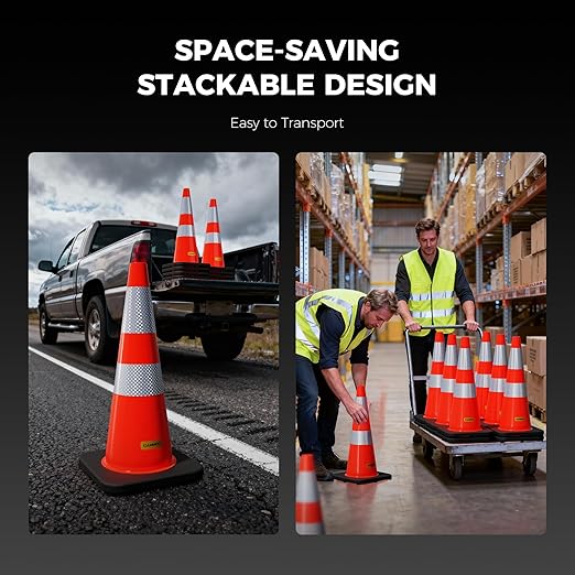 10 Pack 28 Inch Traffic Cones with Black Base, from -22℉ to 131℉, MUTCD-Compliant Orange Safety Cone with Reflective Collar ＆ Extra Caution Tape for Parking Lot, Construction Work, Road Safety