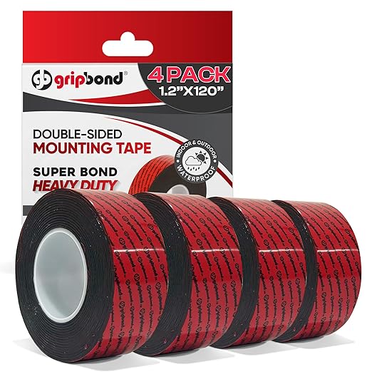 GripBond Black Super Bond Heavy Duty Double Sided Tape, 4 Rolls (10 Ft), 1.2” x 120” – Waterproof Adhesive Mounting Tape for Indoor/Outdoor, Walls, Automotive, Car, LED Strip Lights, Home, Office