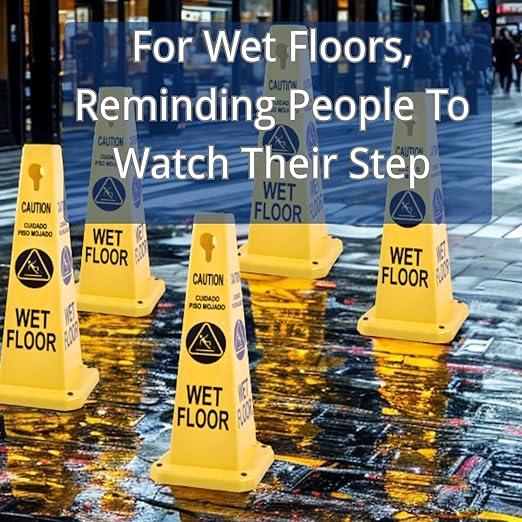 BESEA Caution Wet Floor Signs 4Pack Heavy Duty Caution Cones to Avoid Slipping When Wet Sign, Yellow 4 Sides Bilingual Printing Avoid Fall Slip Accident for Indoors&Outdoors