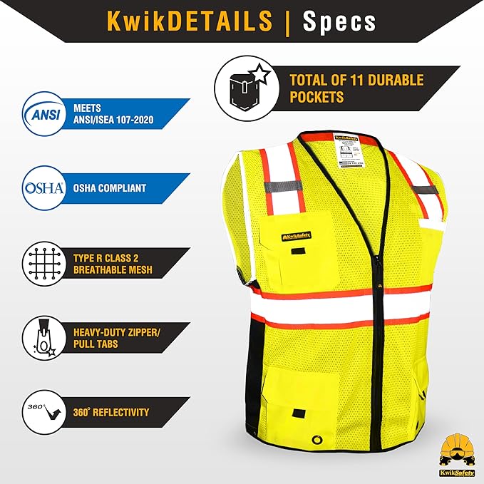 KwikSafety - Charlotte, NC - BIG KAHUNA Safety Vest [11 Pockets] Class 2 ANSI OSHA Reflective Vest Durable High Visibility Vest Construction Safety Vest for Men Industrial Work Gear/Yellow 2XL