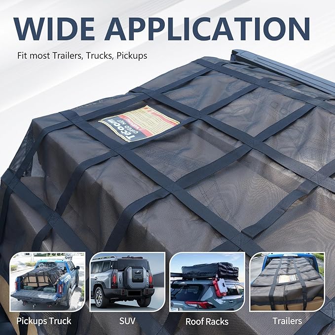 Tecoom Cargo Net with Mesh, 8.4 x 7.51ft 1,500 LBS Capacity Truck Bed Net for Trailer, Trucks, Boat, Jeep, Pickup, Heavy Duty Cargo Net with Adjustable Cam Buckles & S-Hooks & Cross Strap