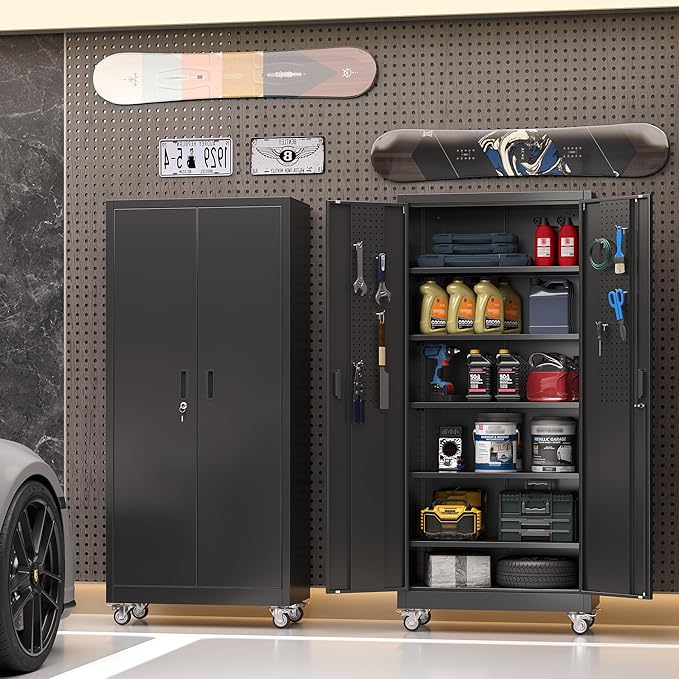 Metal Storage Cabinet with Wheels and Pegboard,71" H x 32" W x 16" D Garage Storage Cabinet with 2 Doors and 5 Adjustable Shelves for Garage, Home, Warehouse, Closet, Assembly Required, Black