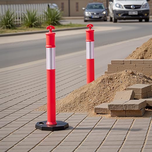 VEVOR 9 Pack Traffic Delineator Posts, 48 inches Traffic Safety Cones with Weighted Base and Reflective Strips, Heavy Duty Delineator Posts for Construction Site, Parking Lot, Crowd Control, Red
