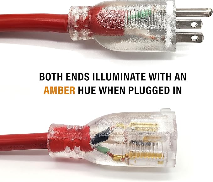 15 ft - 14 Gauge Extension Cord Outdoor - Made in USA - Lighted on Both Ends - Red Outdoor Extension_Cord Waterproof by Anthem Cable - Heavy Duty ExtensionCord 15 ft 15 Amp Extension
