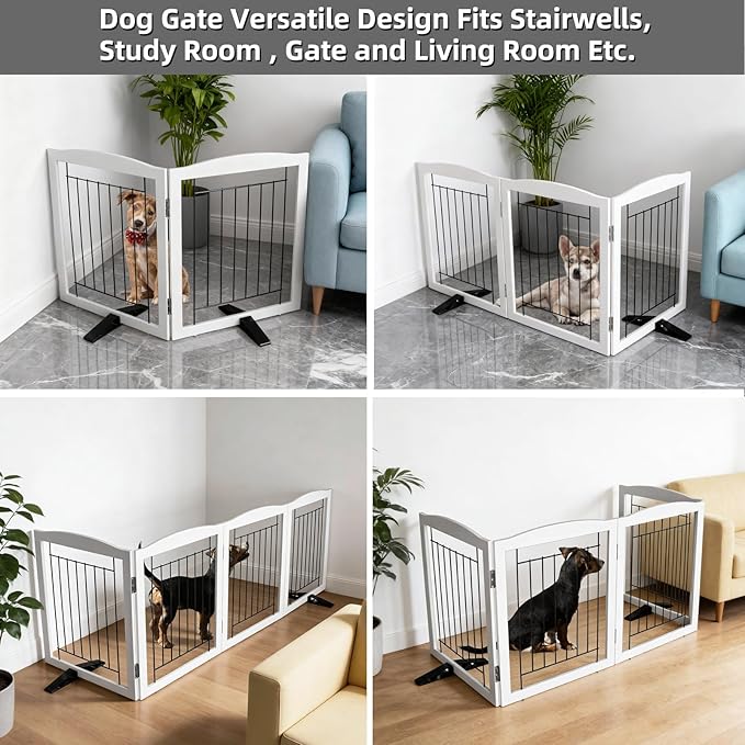 Dog Fence Indoor - 2-Panel Freestanding Dog Gate for Doorways, Hallways, House or Stairs -40x32-Inch Retractable Foldable Expandable Wood Pet by SFJC (White)