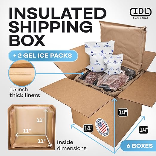 Insulated Thermal Shipping Boxes 14"x14"x14" with 2 Gel Ice Packs, Pack of 6 - USA-Made Cold Food Shipping Box with Absorb Condensation Thermal-Paper Liner - Frozen Food Shipping Kit by IDL Packaging