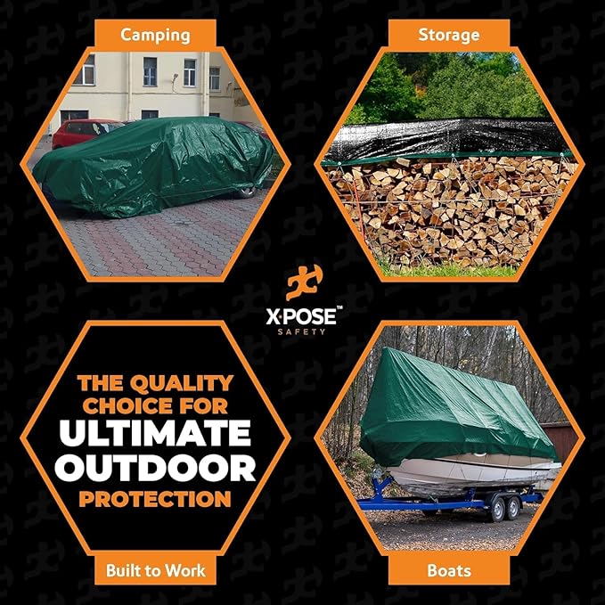 Heavy Duty Poly Tarp 20' x 20' - Bulk Full Pallet (144 Pack) Thick Waterproof, UV Blocking Protective Cover - Reversible Green & Black - 10 Mil Thick Polyethylene - by Xpose Safety