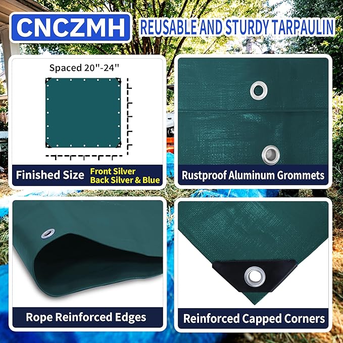 Tarp Waterproof 14x30 Feet, 8 Mil Thick Finished Size Green Poly Tarpaulin Outdoor, Metal Grommets, Reinforced Edges, Multipurpose Tarps Protective Cover for Camping Boat Plant